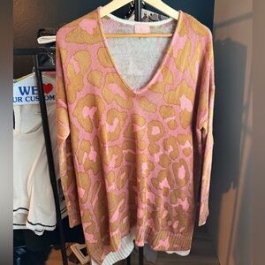 Pink and Tan Leopard Print V-Neck Sweater